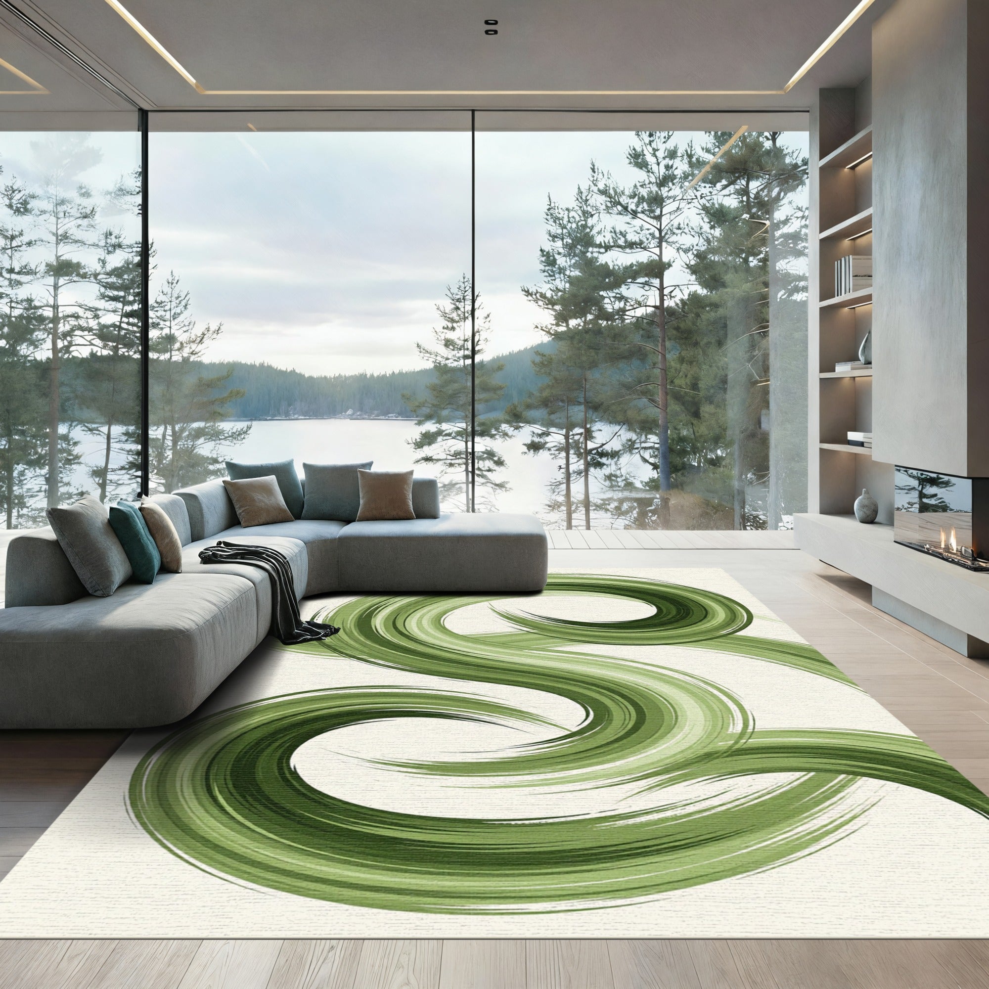 Abstract Sage Green Swirl Wave Rug