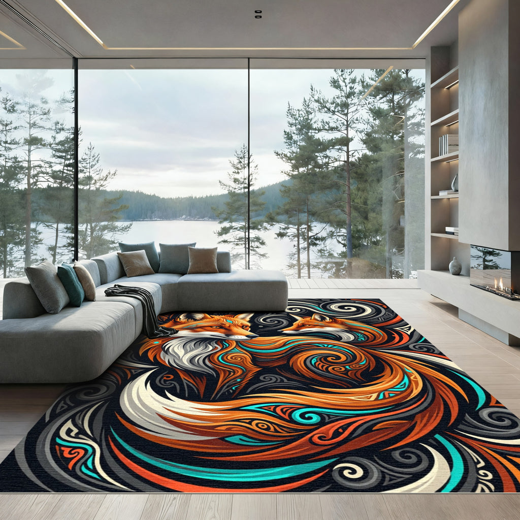 Vibrant Orange Fox Swirl Art Rug