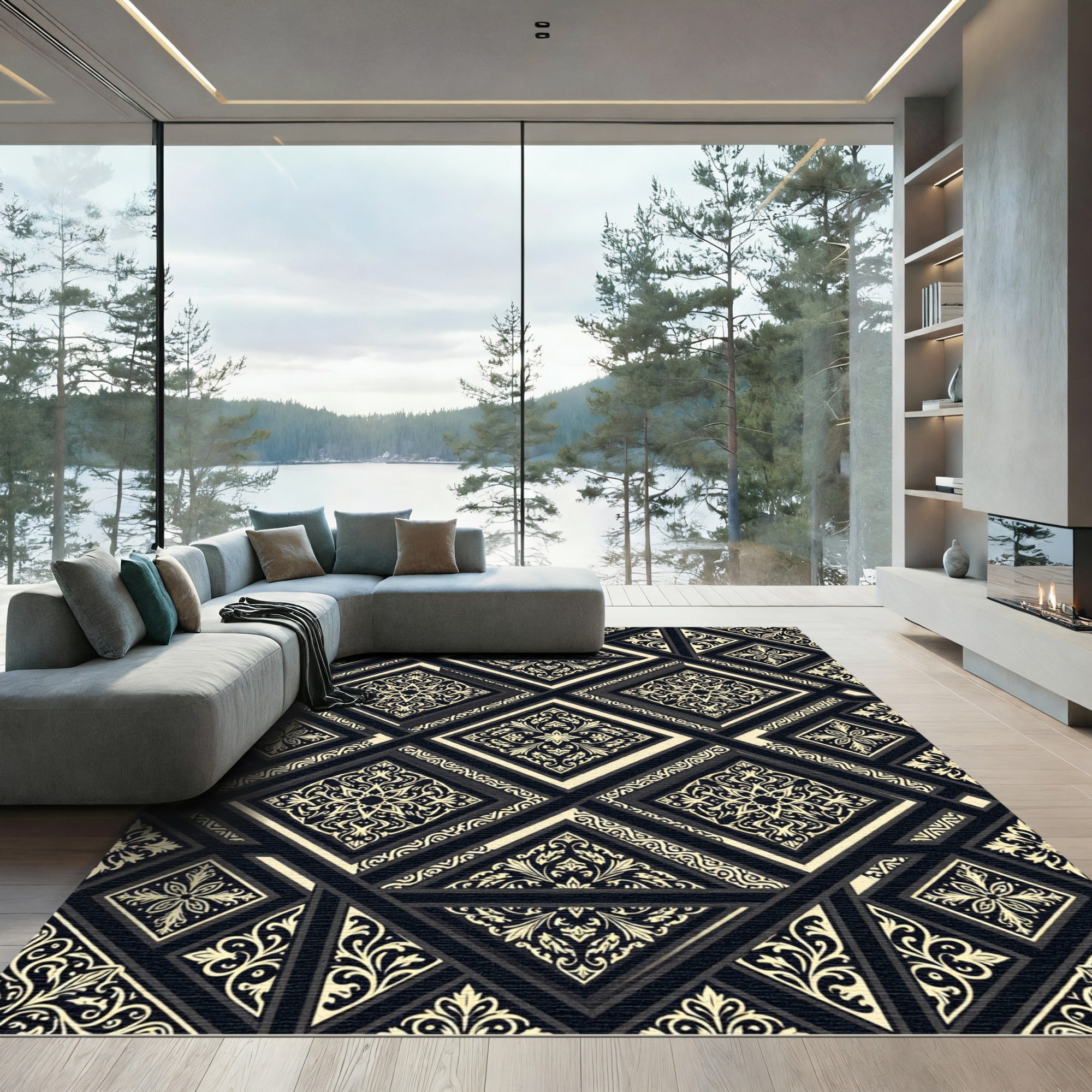 Black Cream Ornamental Geometric Medallion Rug
