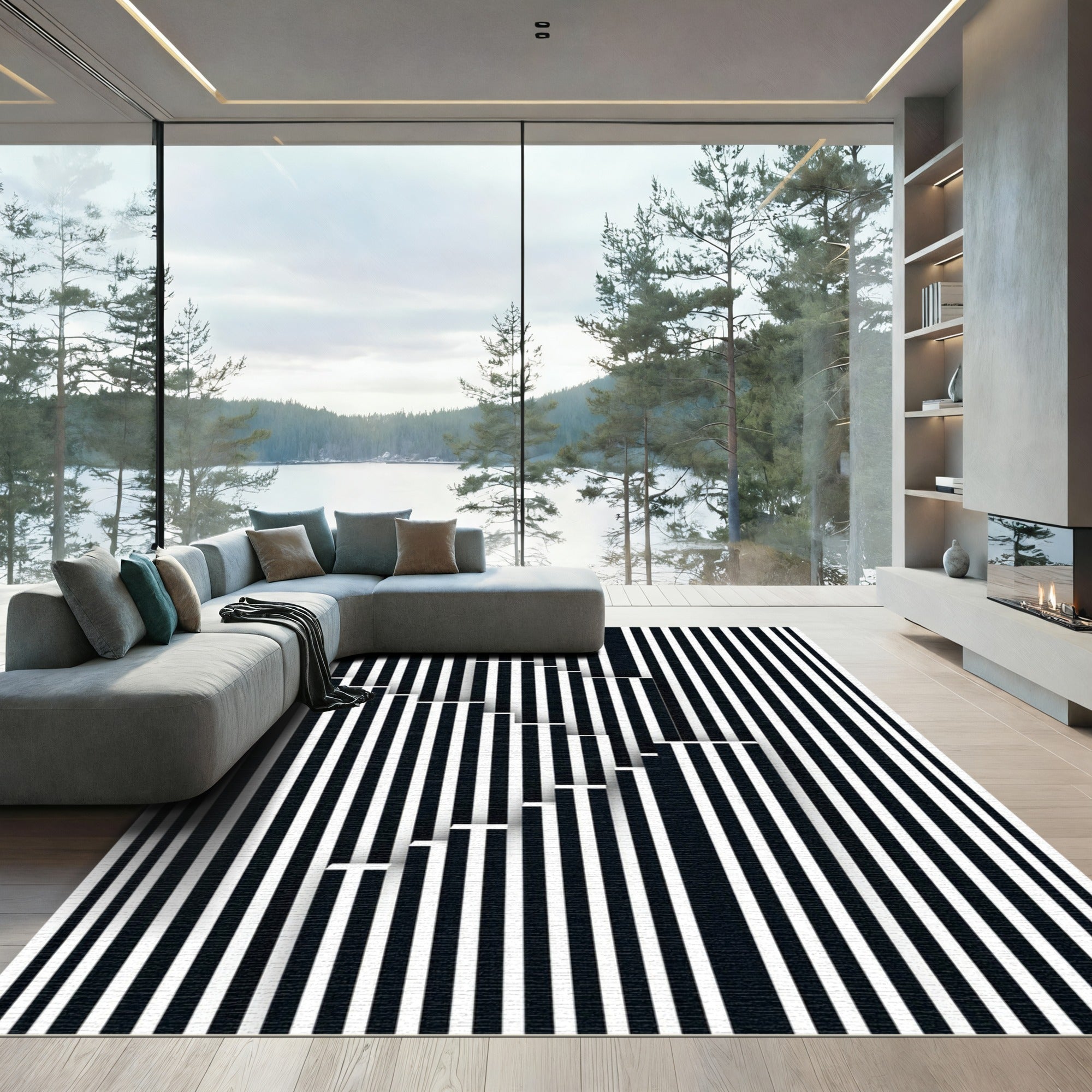 Geometric Black White Stair Illusion Rug