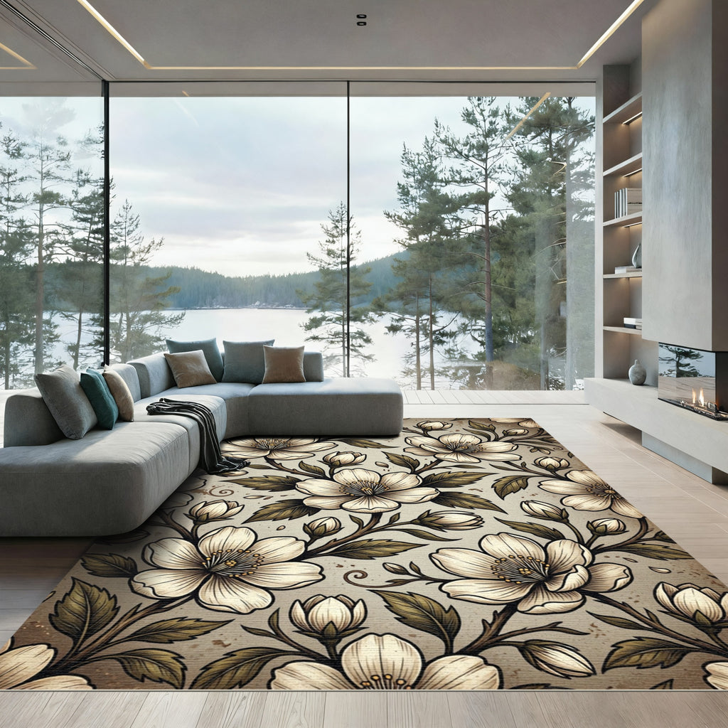 Vintage Cream Botanical Cherry Blossom Rug