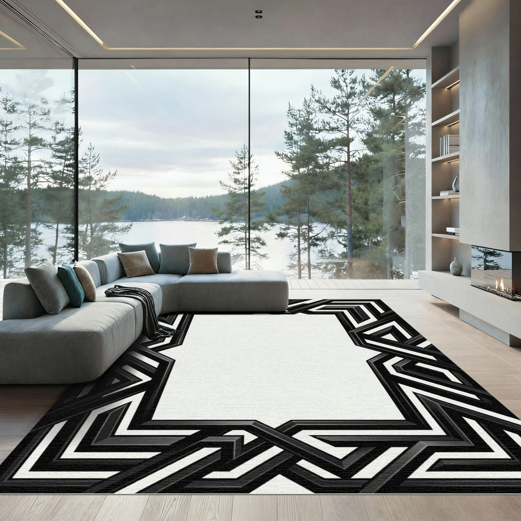 Bold Black White Geometric Interlocking Frame Rug