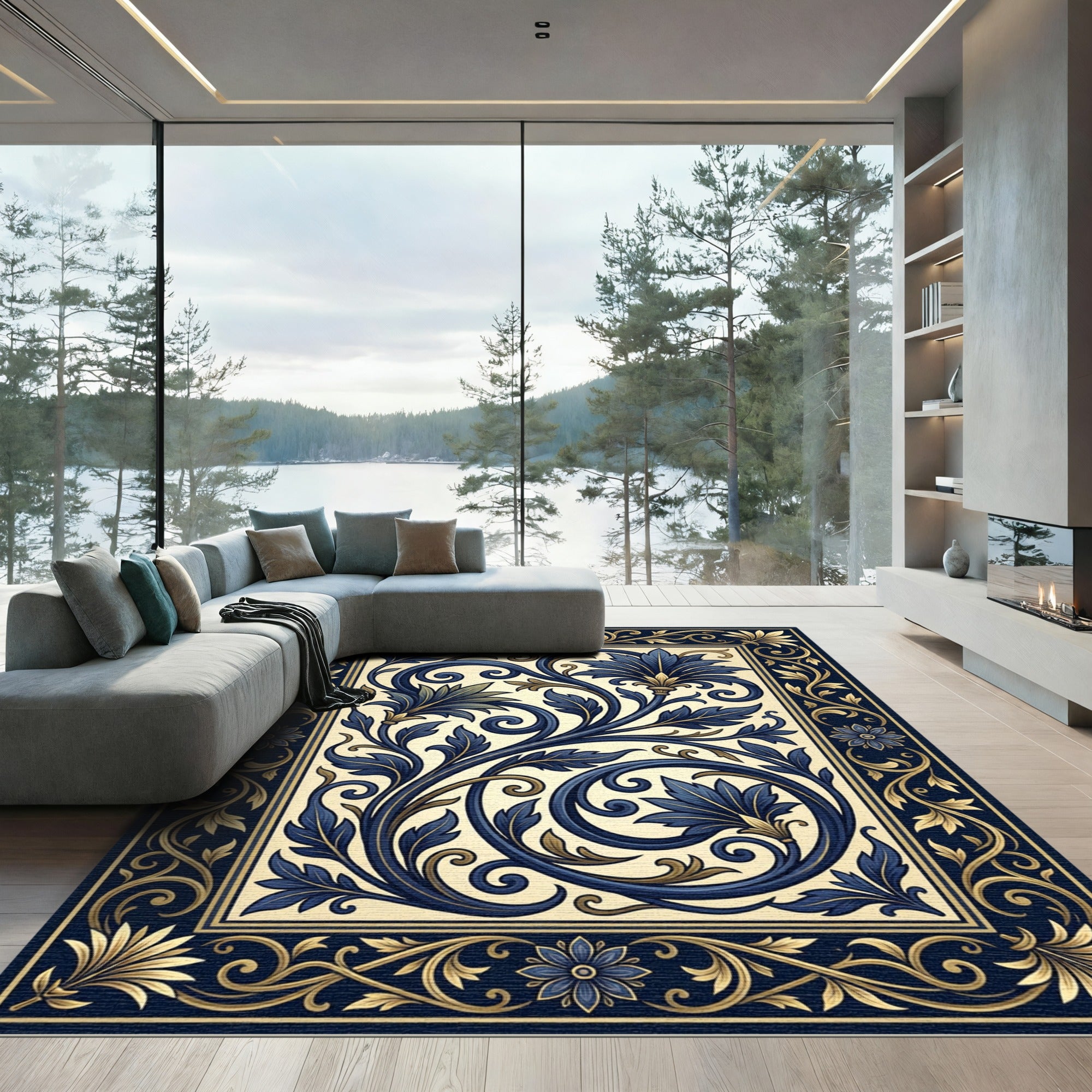 Elegant Navy Gold Art Deco Scroll Rug