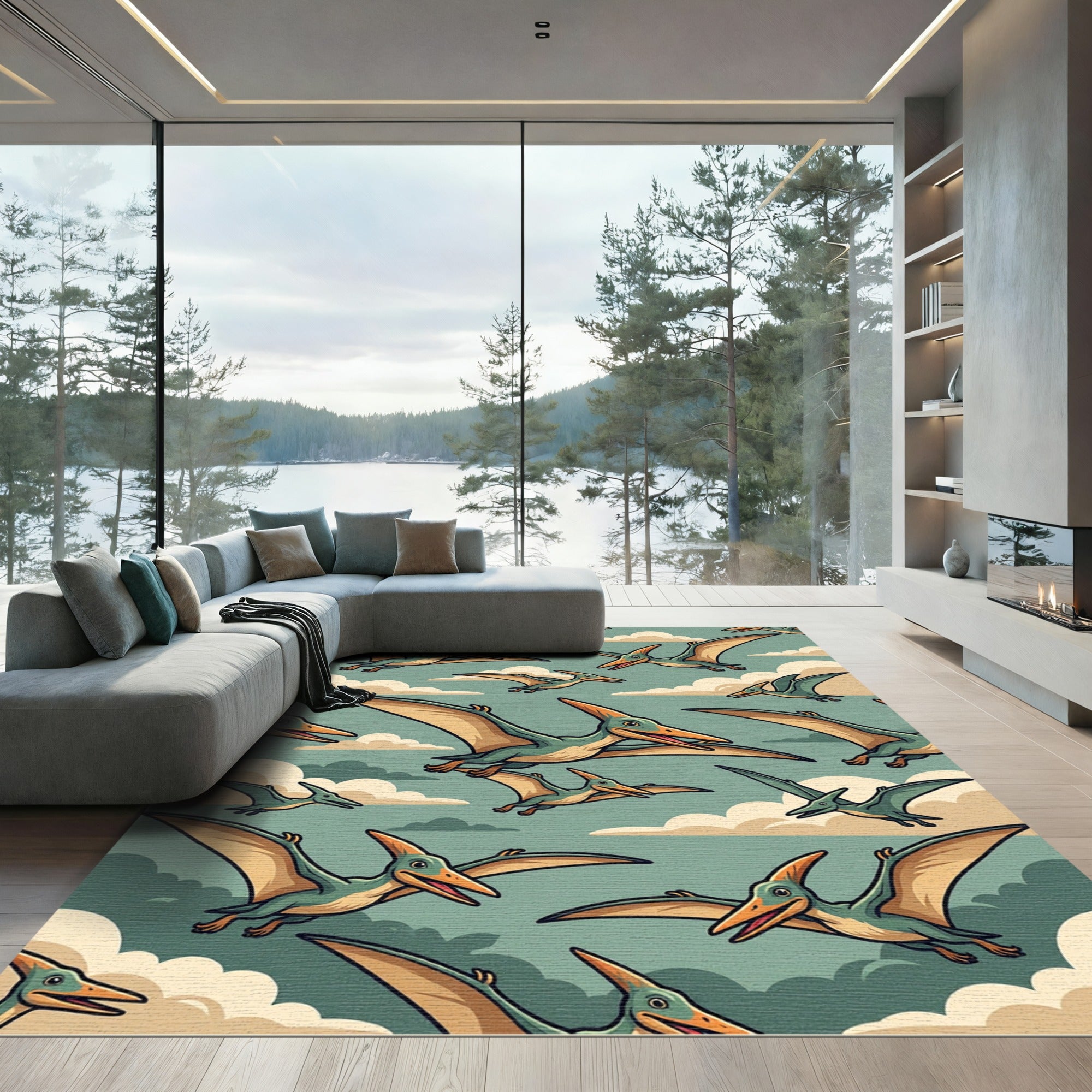 Teal Soaring Pterodactyl Cloud Sky Art Rug