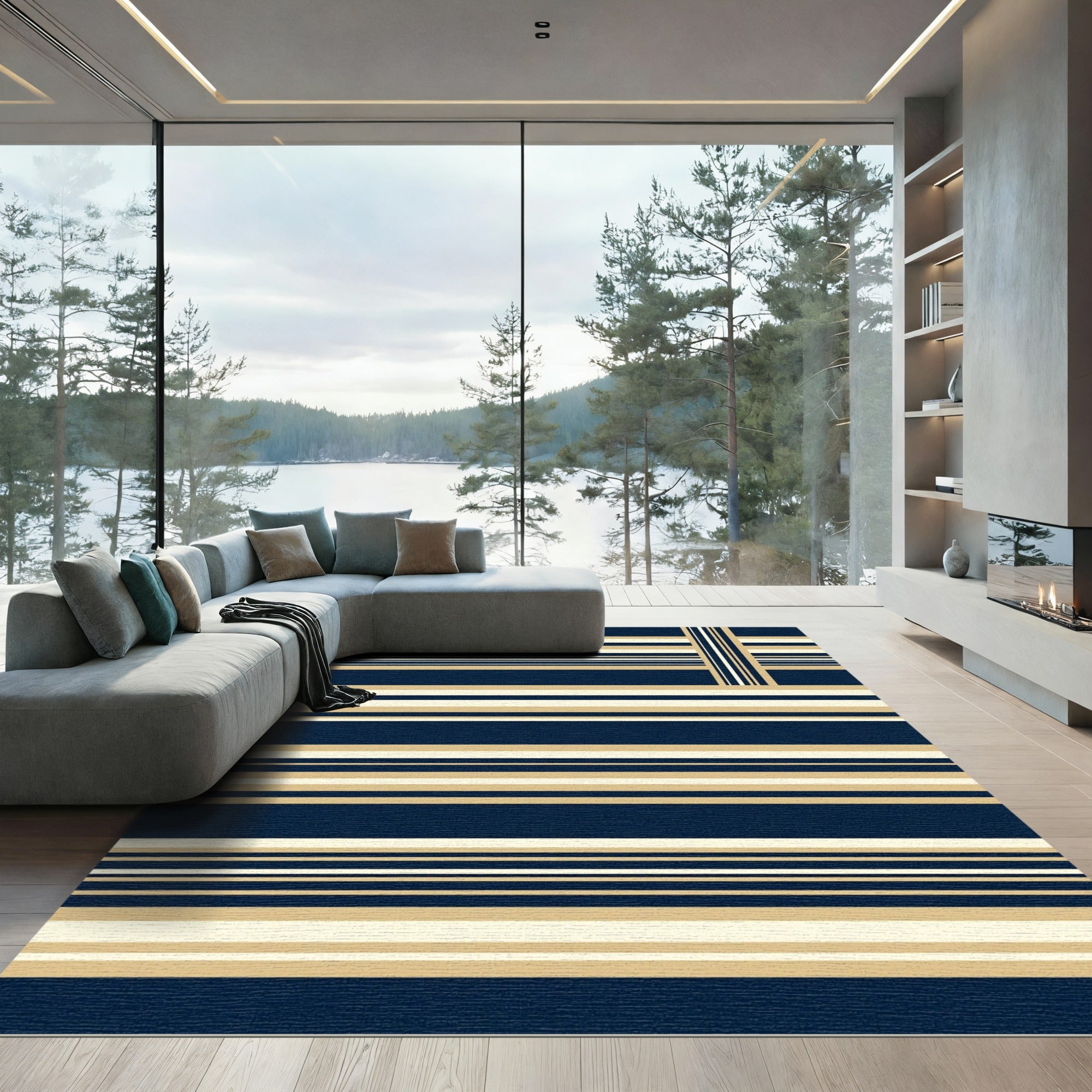 Modern Navy and Gold Horizontal Stripes Rug