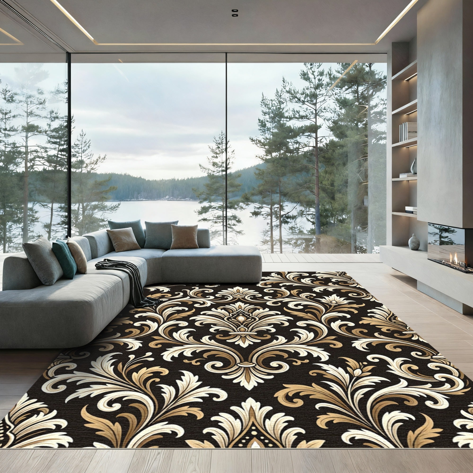 Classic Black Gold Damask Flourish Rug