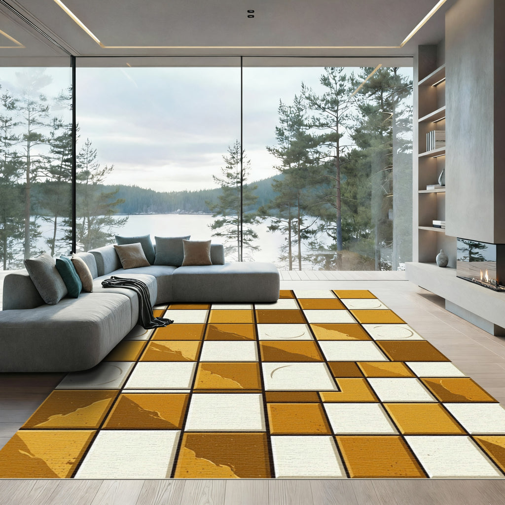 Terracotta White Checkerboard Stone Texture Rug