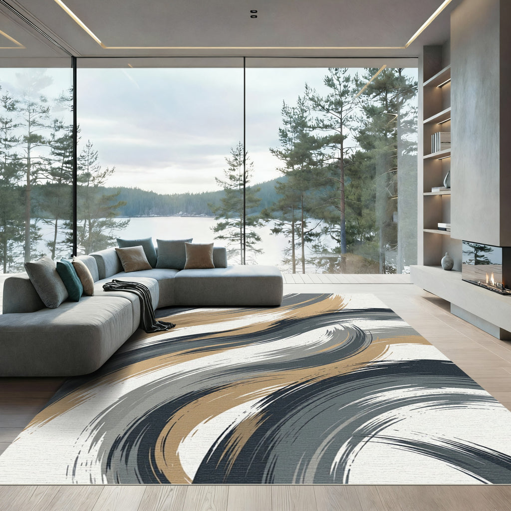 Modern Abstract Charcoal and Bronze Swirl Rug