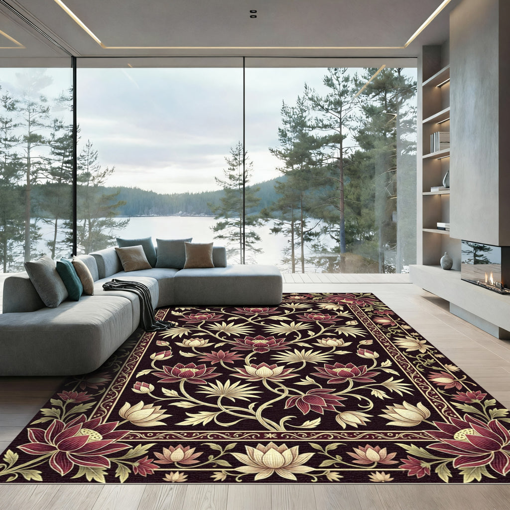 Dark Crimson Lotus Garden Medallion Rug