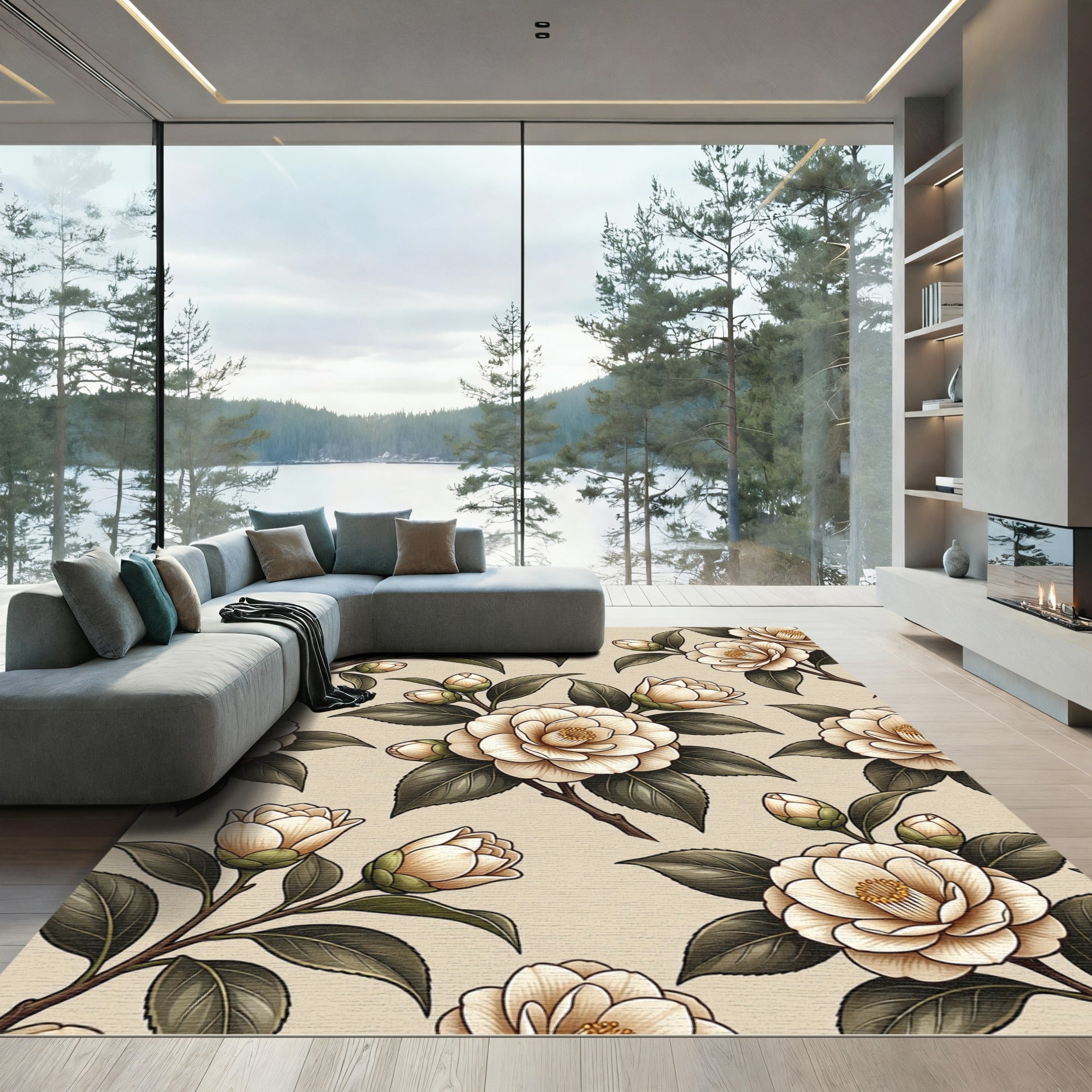 Cream Camellia Botanical Branches Rug