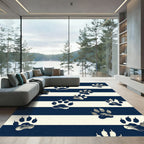 Navy and Cream Whimsical Paw Striped Rug