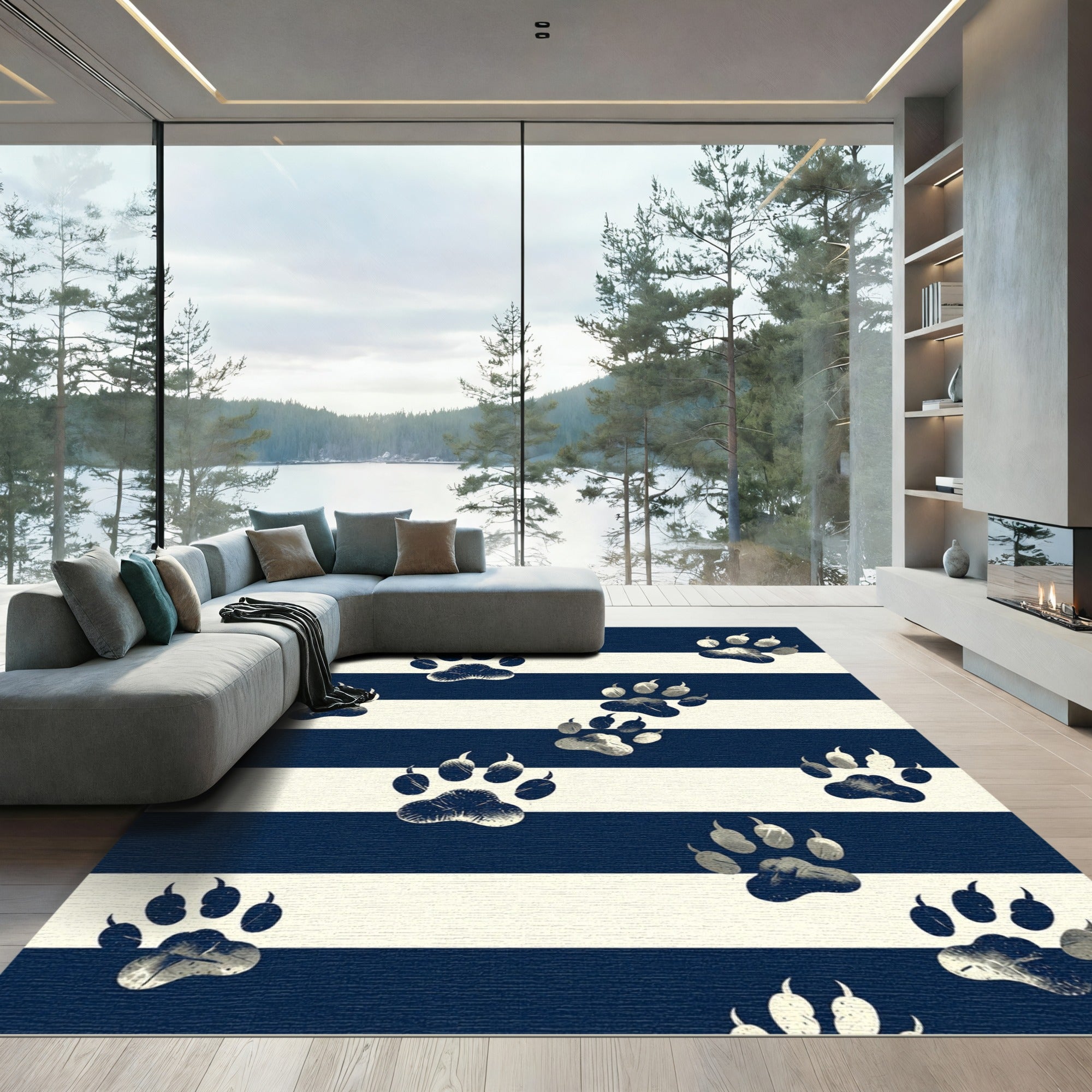 Navy and Cream Whimsical Paw Striped Rug