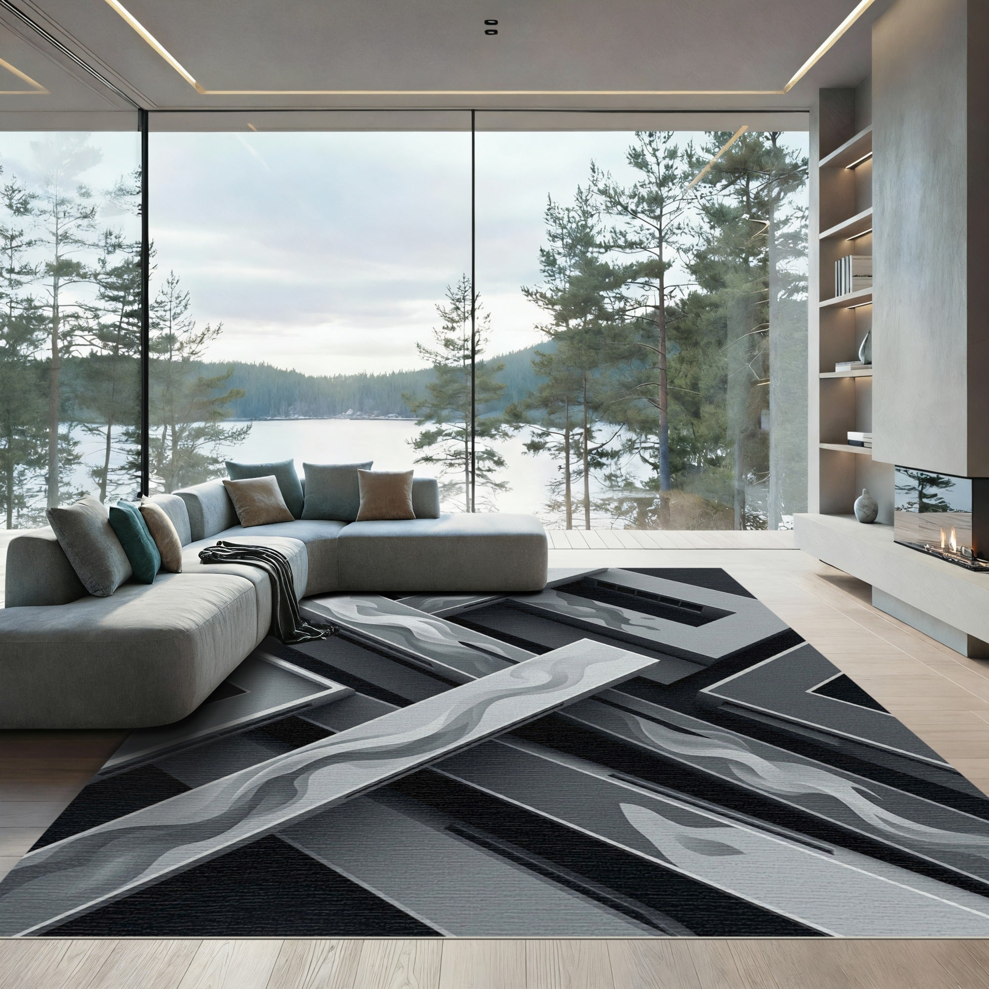 Monochrome Abstract Linear Flow Rug