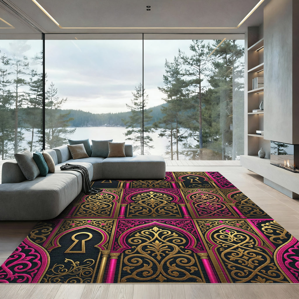 Opulent Gold and Magenta Archway Ornament Rug