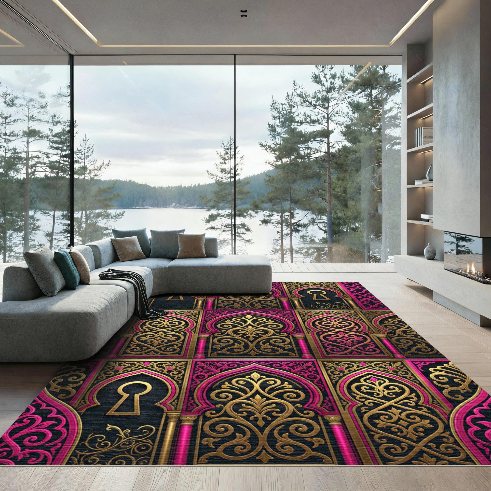 Opulent Gold and Magenta Archway Ornament Rug