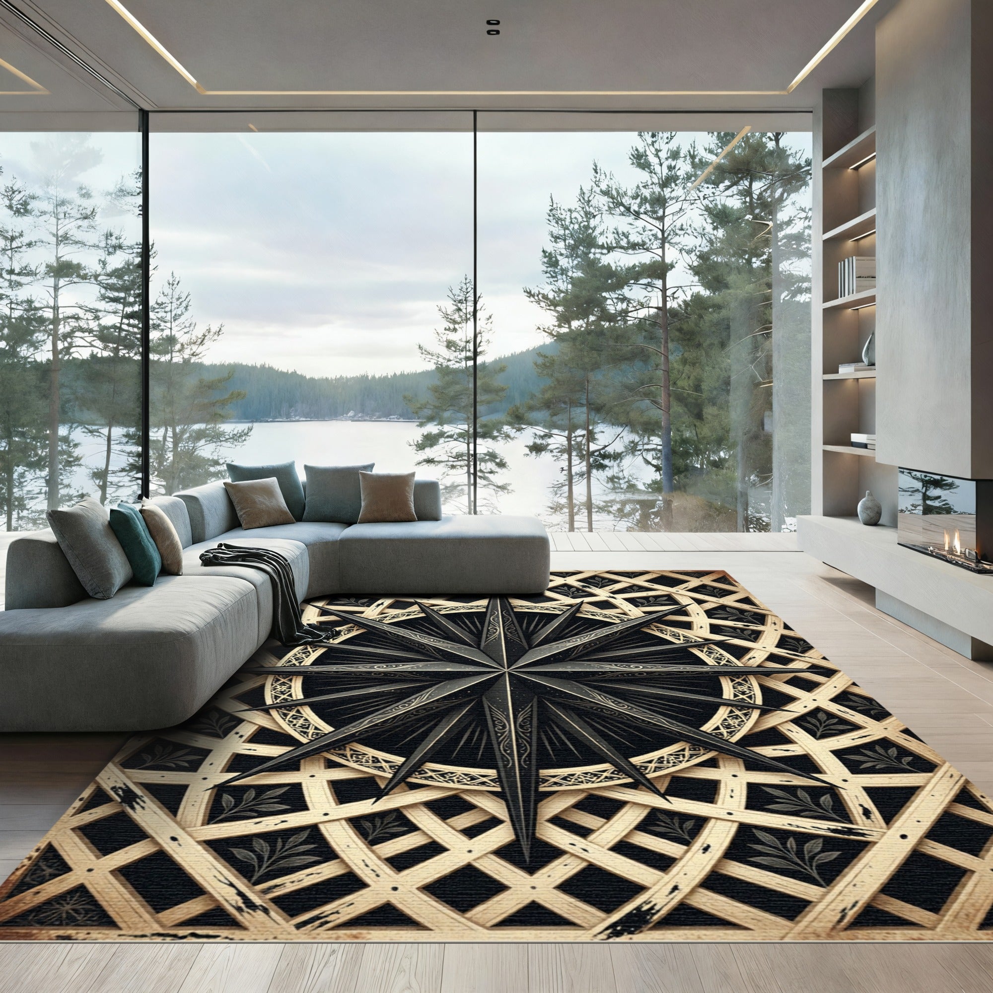 Gilded Black Compass Celestial Medallion Rug