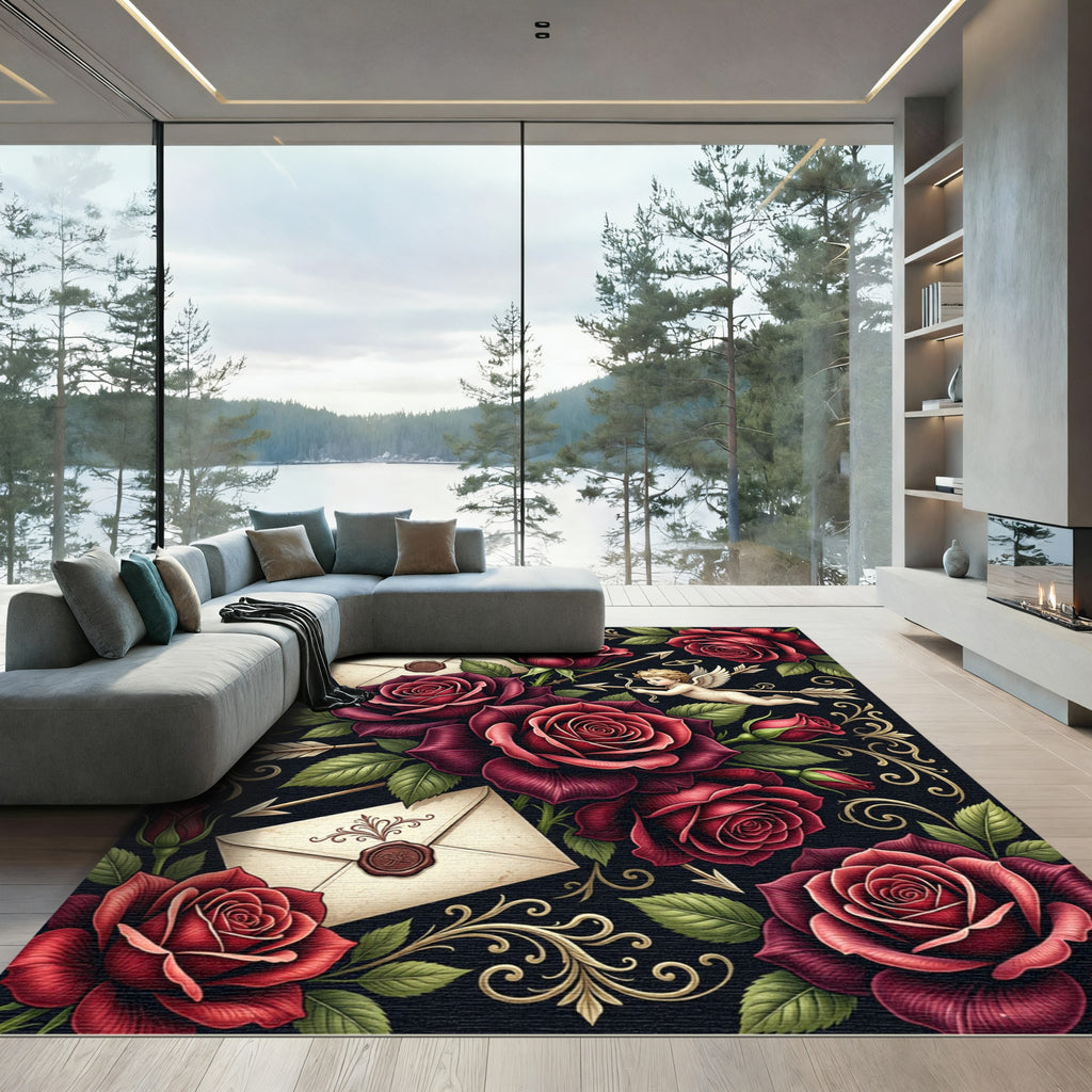 Dark Red Rose Cupid Love Letter Rug