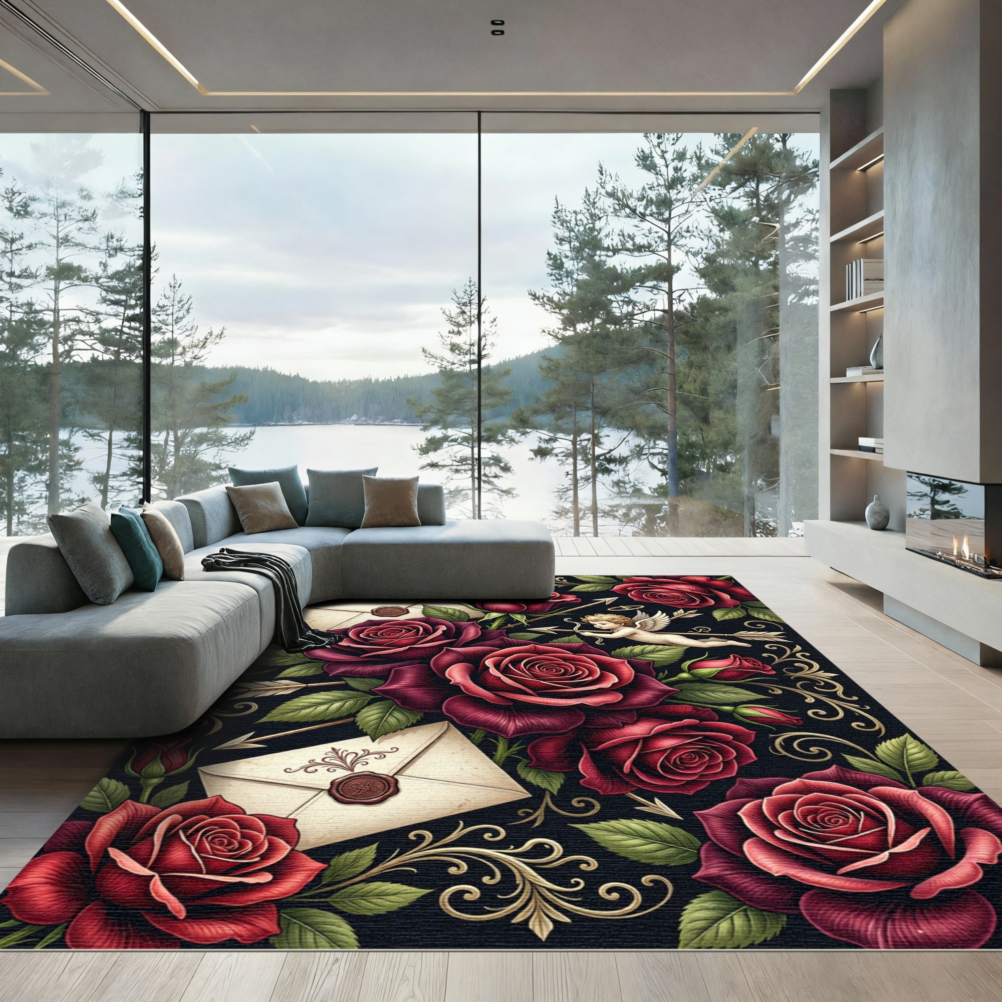 Dark Red Rose Cupid Love Letter Rug