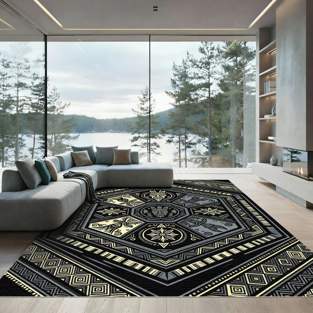 Geometric Hexagon Black Gold Tribal Totem Rug