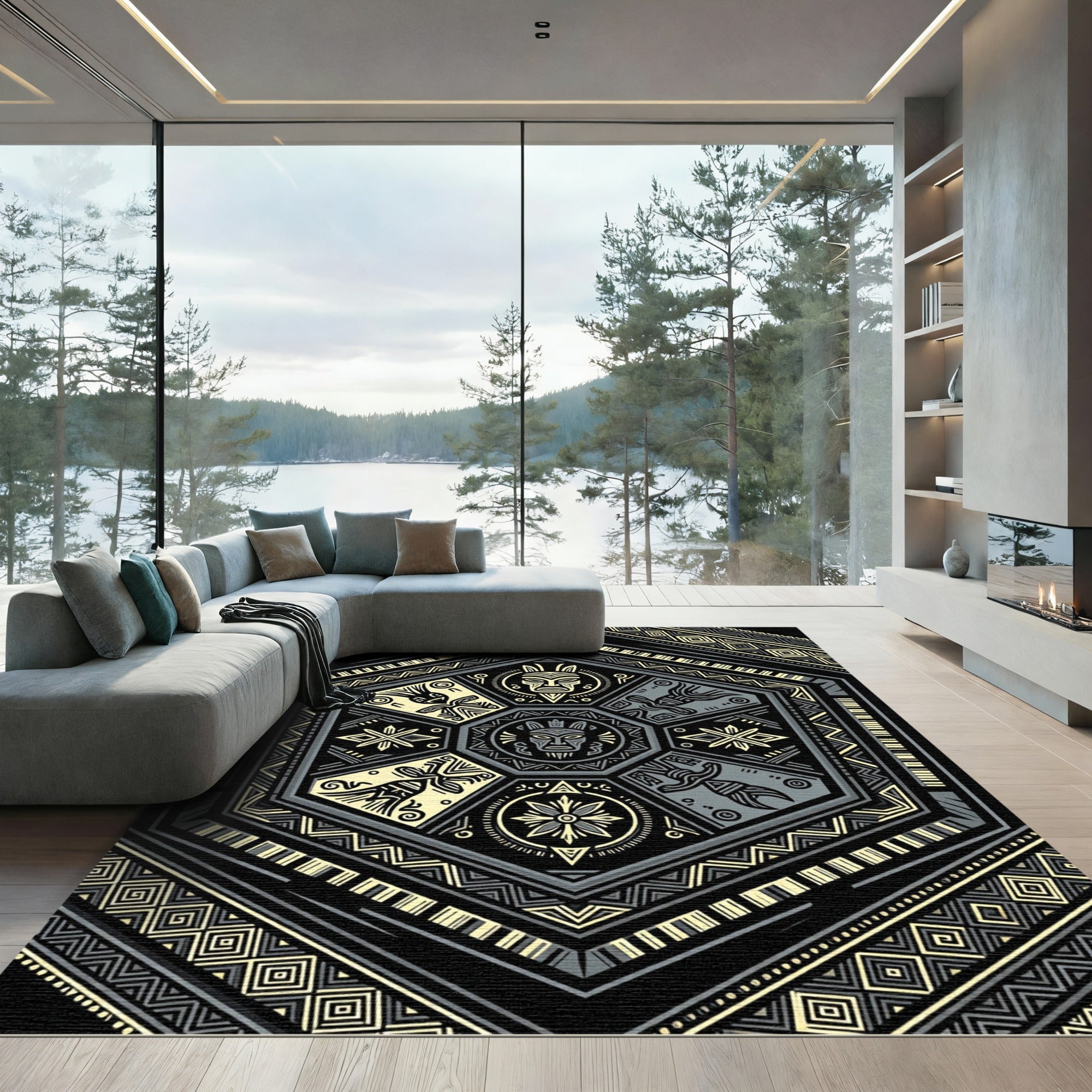 Geometric Hexagon Black Gold Tribal Totem Rug