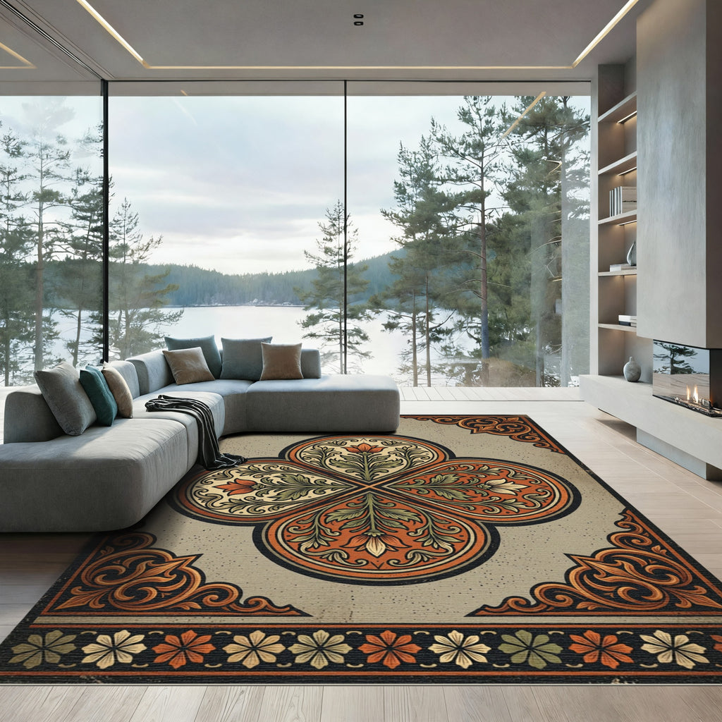 Antique Orange Green Floral Quatrefoil Rug