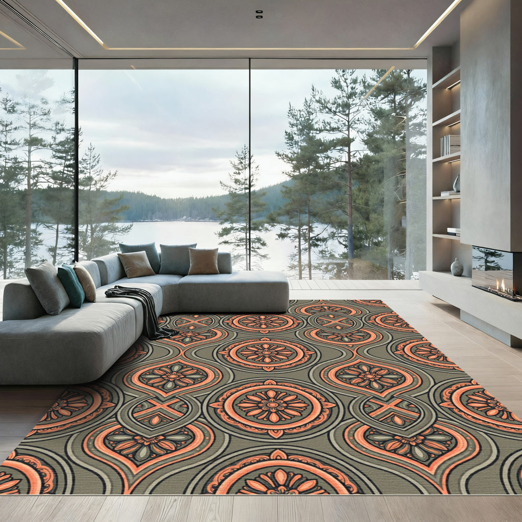 Orange Coral Floral Medallion Arabesque Rug