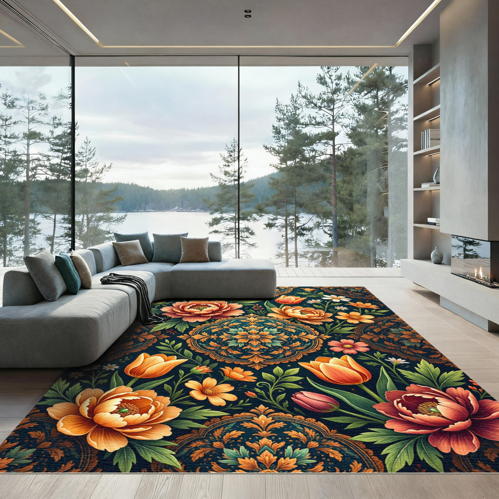 Ornate Orange Floral Medallion Garden Rug
