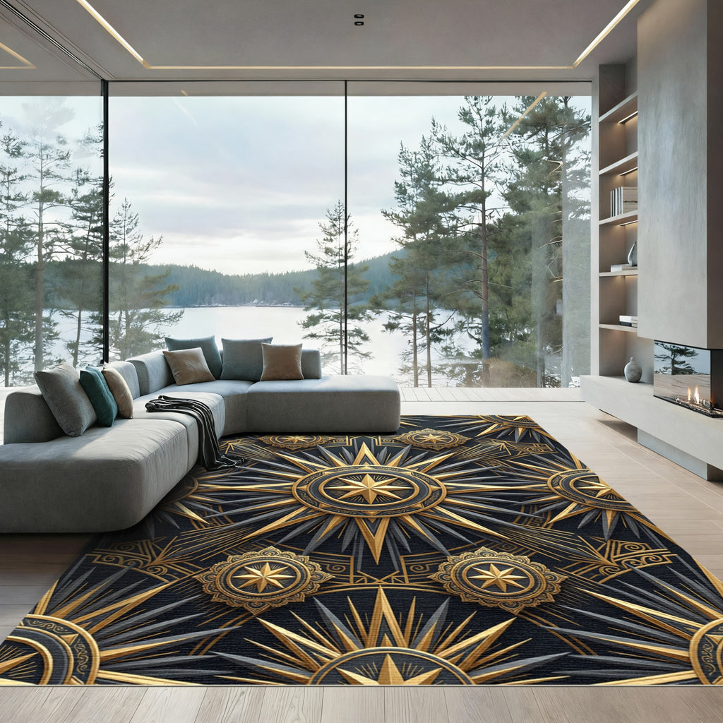 Celestial Gold and Obsidian Geometric Sun Rug