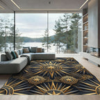 Celestial Gold and Obsidian Geometric Sun Rug