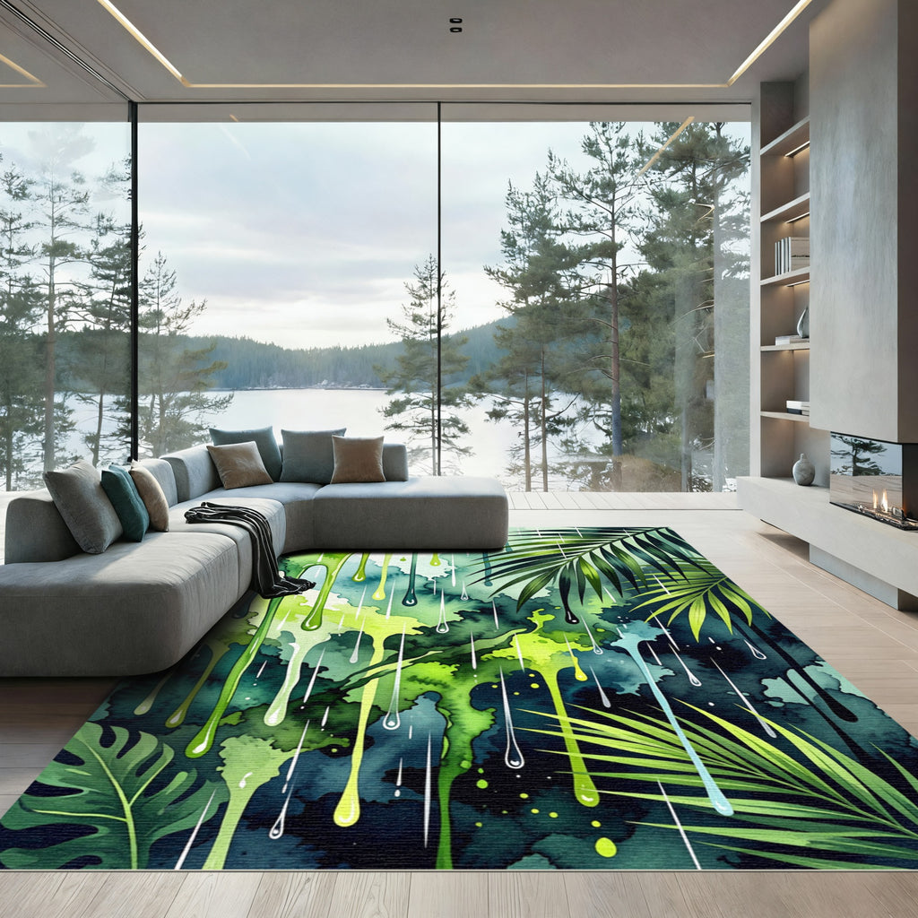 Green Drips Tropical Leaves Watercolor Rug