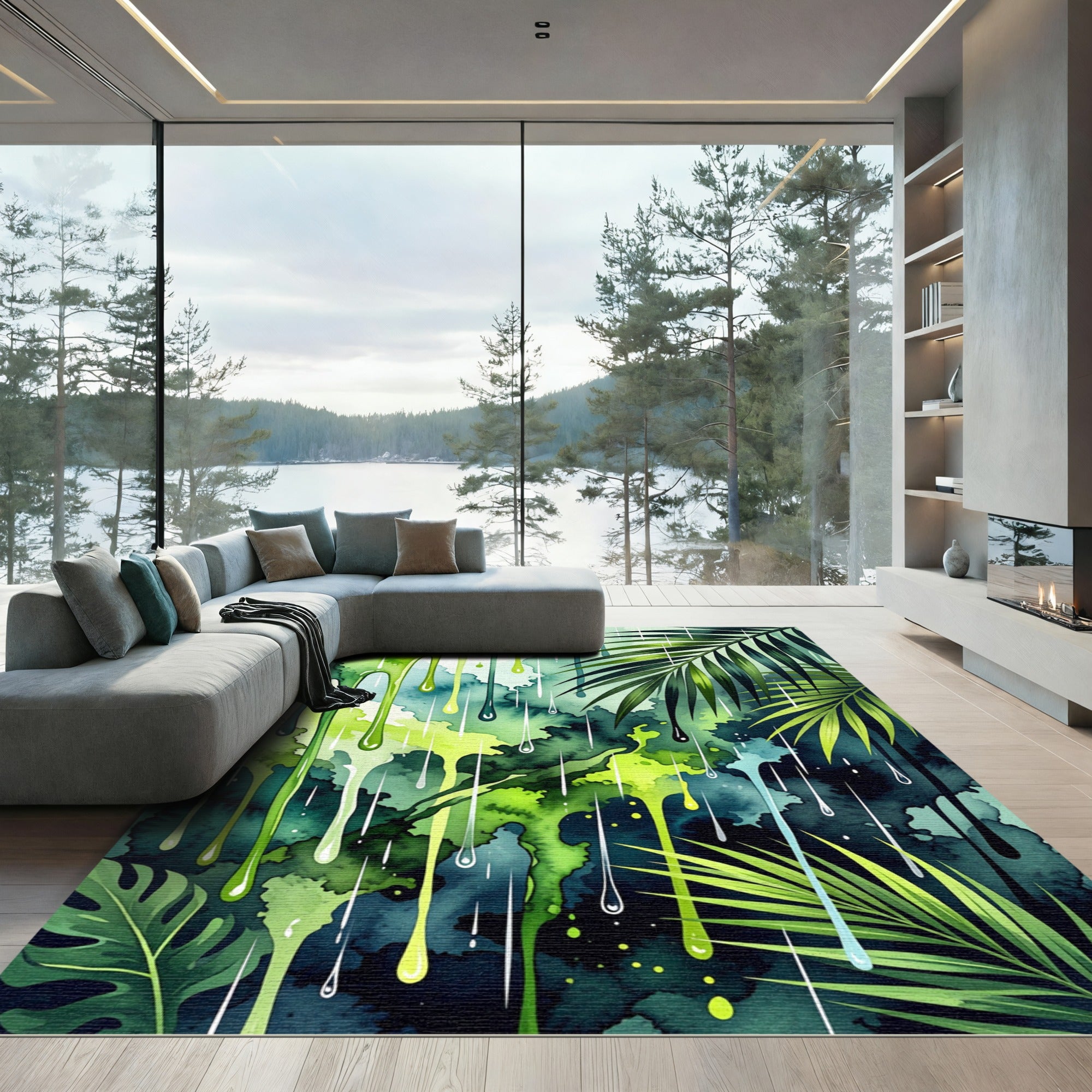 Green Drips Tropical Leaves Watercolor Rug