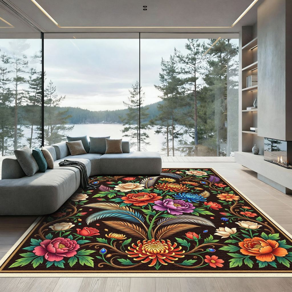 Vibrant Floral Feather Arrangement Rug