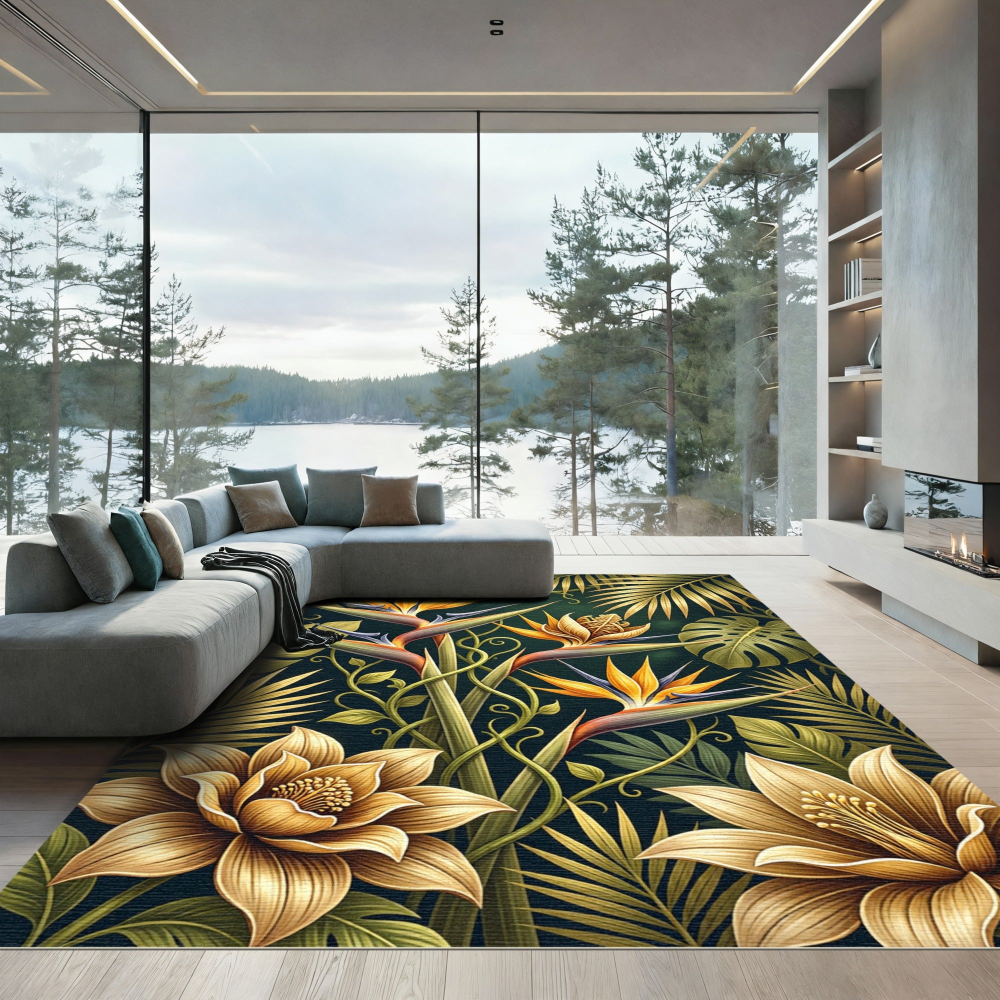 Lush Golden Tropical Bird of Paradise Rug