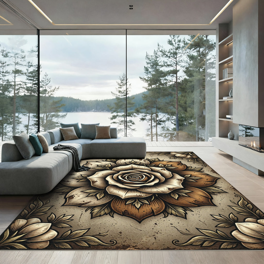 Earthy Sepia Rose Mandala Art Rug