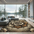 Earthy Sepia Rose Mandala Art Rug