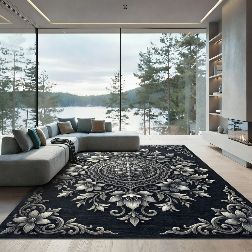 Intricate Floral Medallion Black and White Rug