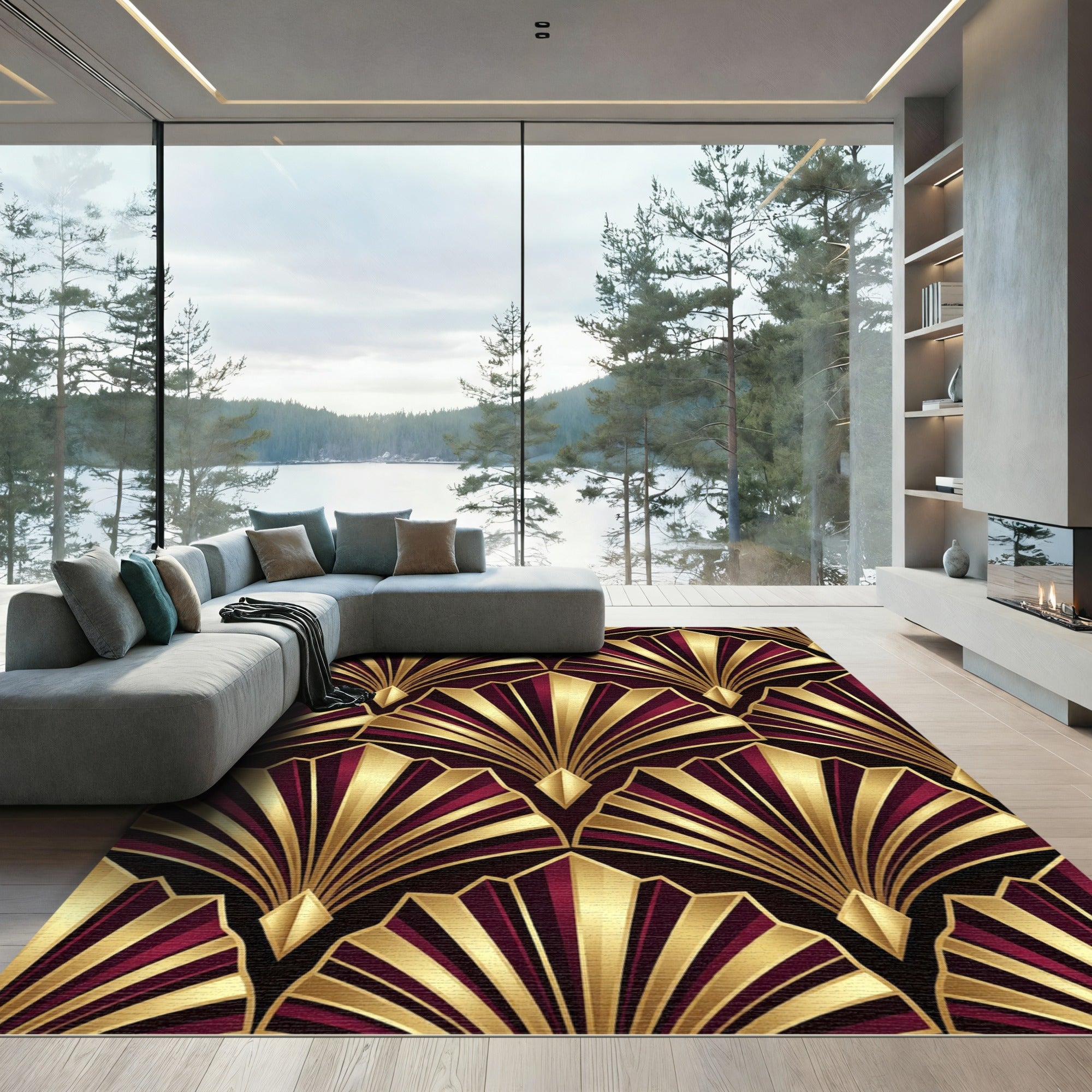 Deep Burgundy Gold Fan Art Deco Rug