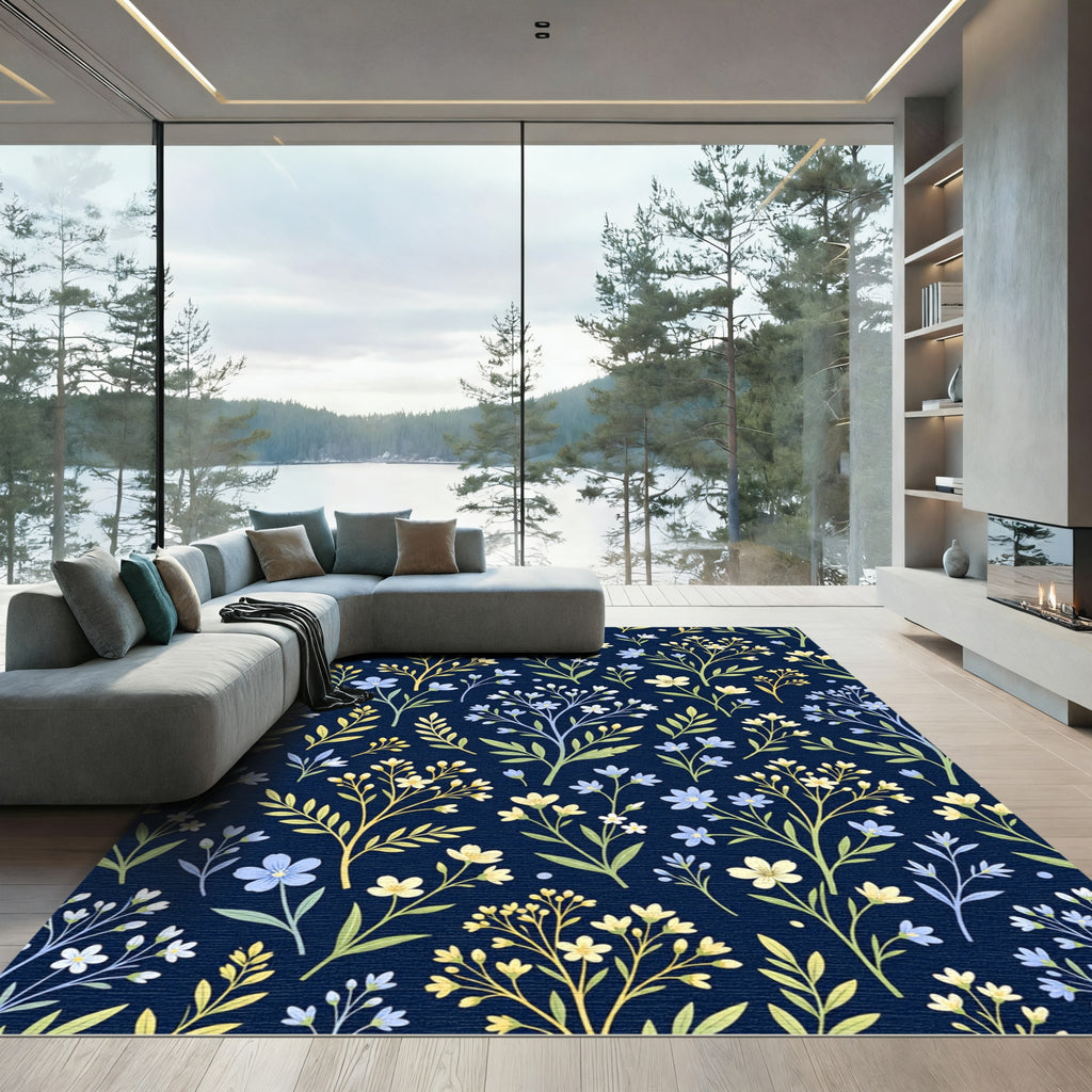 Navy Blue Floral Branch Arrangement Rug