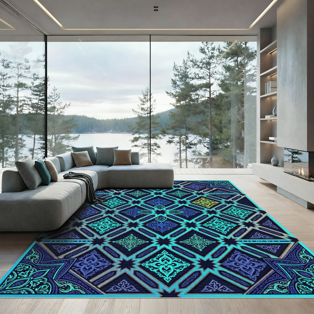 Luminous Teal Geometric Star Medallion Rug