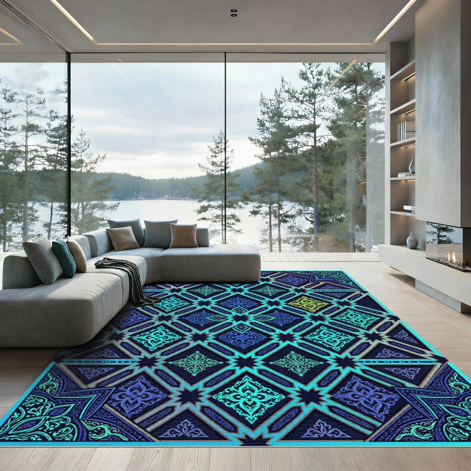 Luminous Teal Geometric Star Medallion Rug