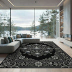 Sleek Gray Filigree Medallion Border Rug