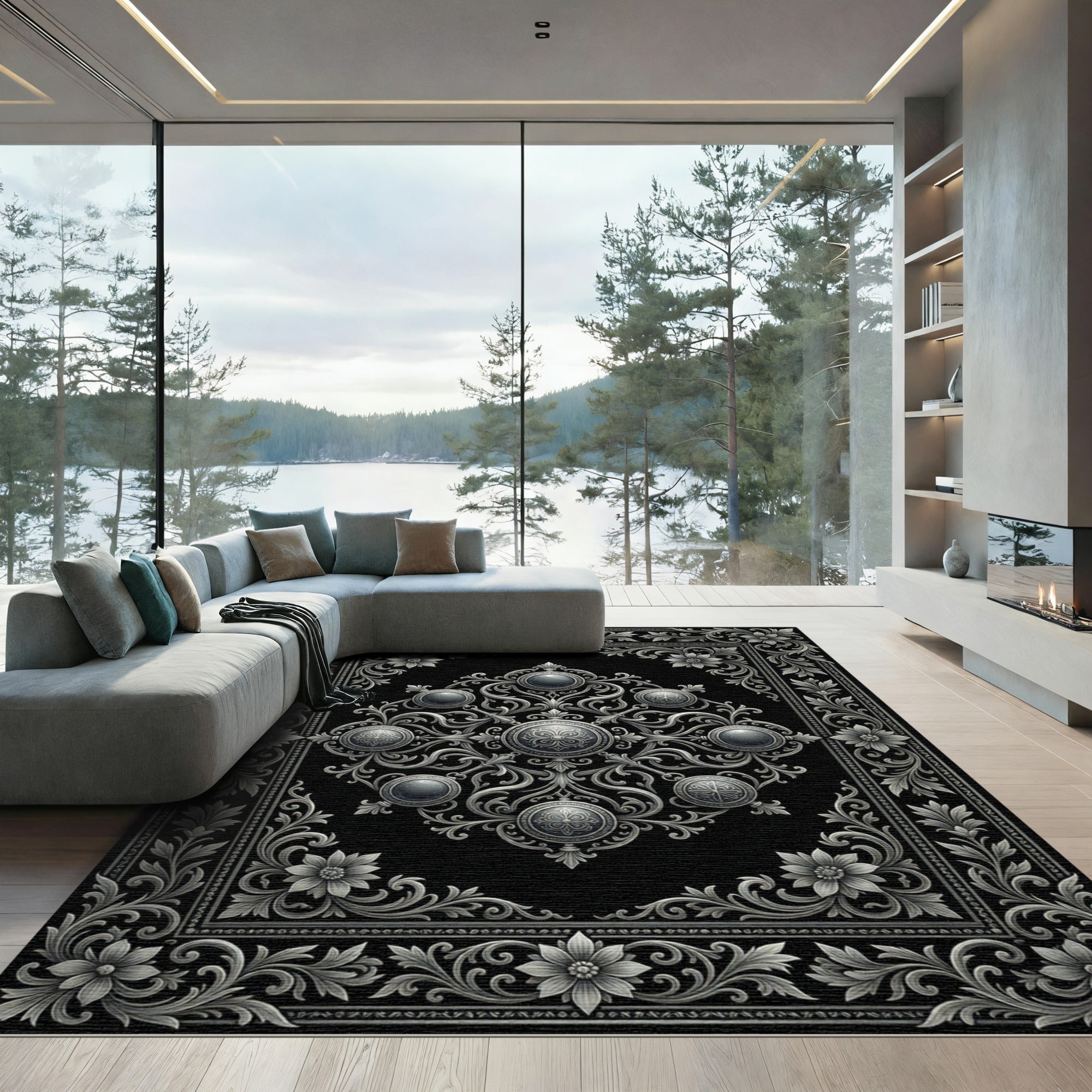 Sleek Gray Filigree Medallion Border Rug