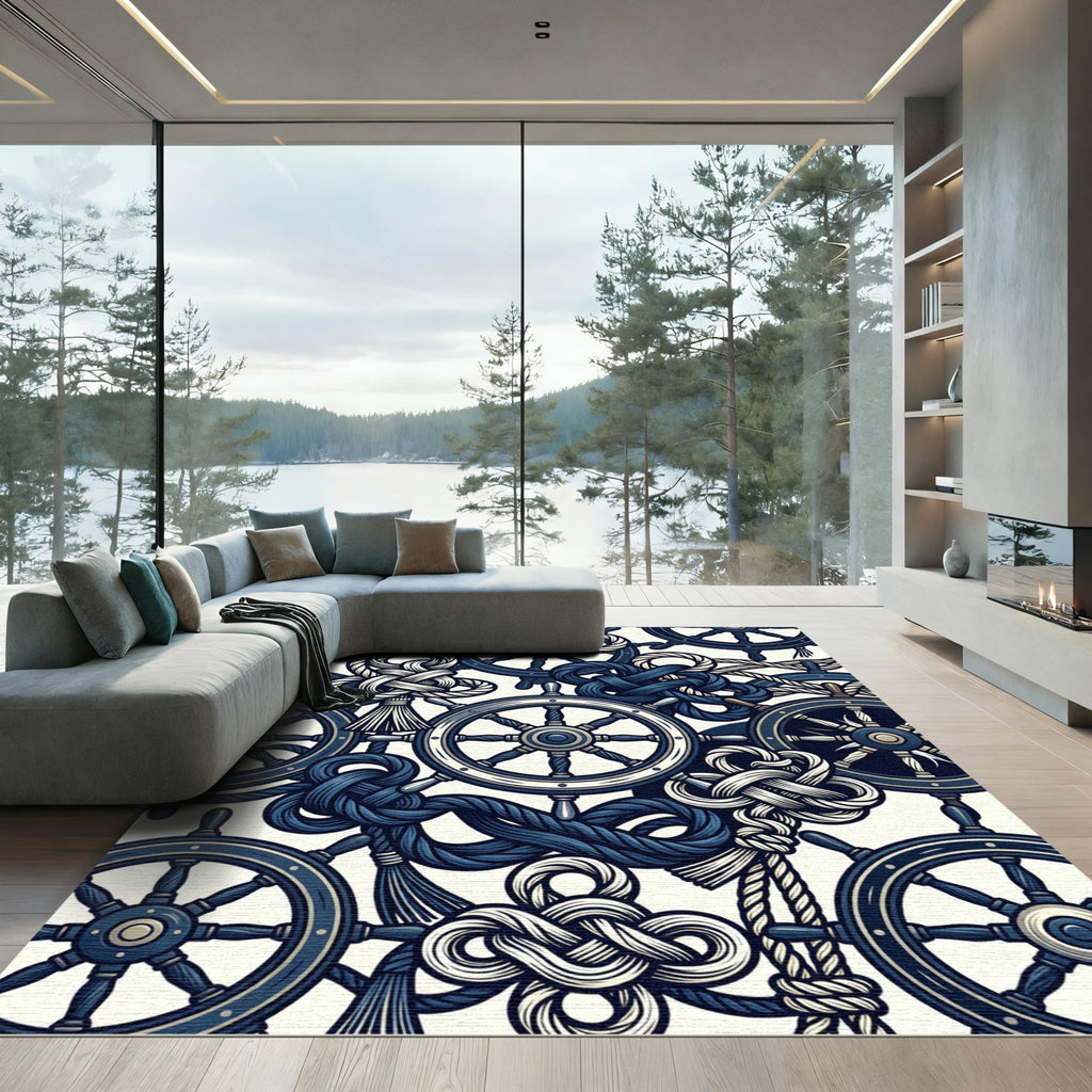Nautical Navy Helm and Rope Accents Rug