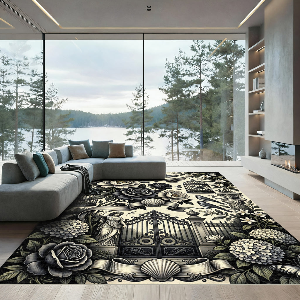 Ornate Black White Floral Gate Scenes Rug