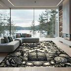 Ornate Black White Floral Gate Scenes Rug