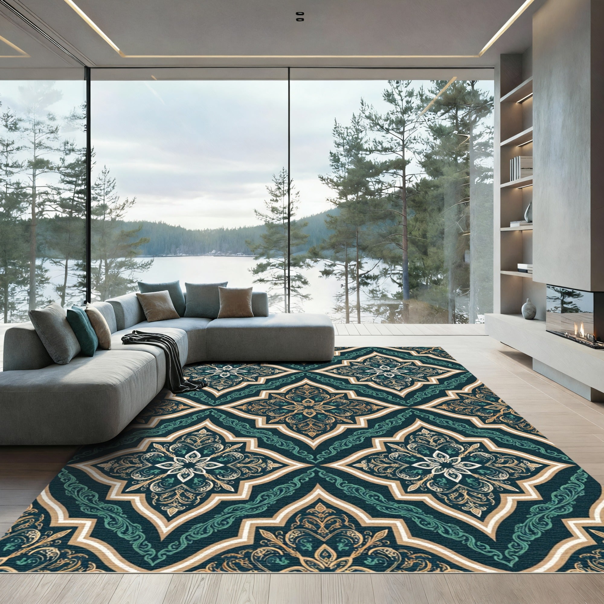 Elegant Teal Gold Damask Medallion Rug