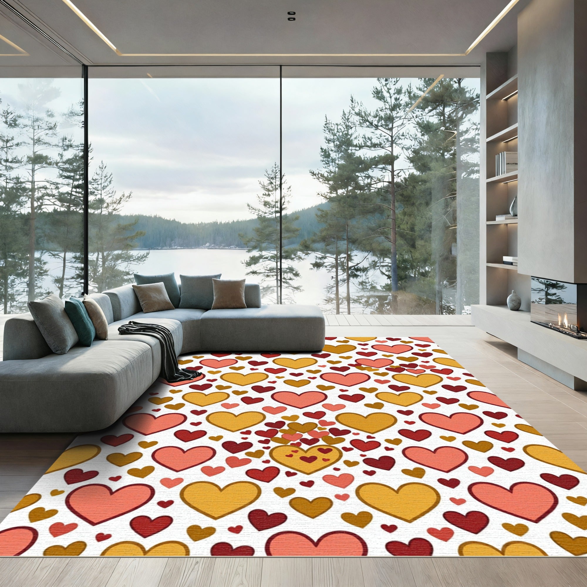 Warm Pink Golden Heart Cluster Rug