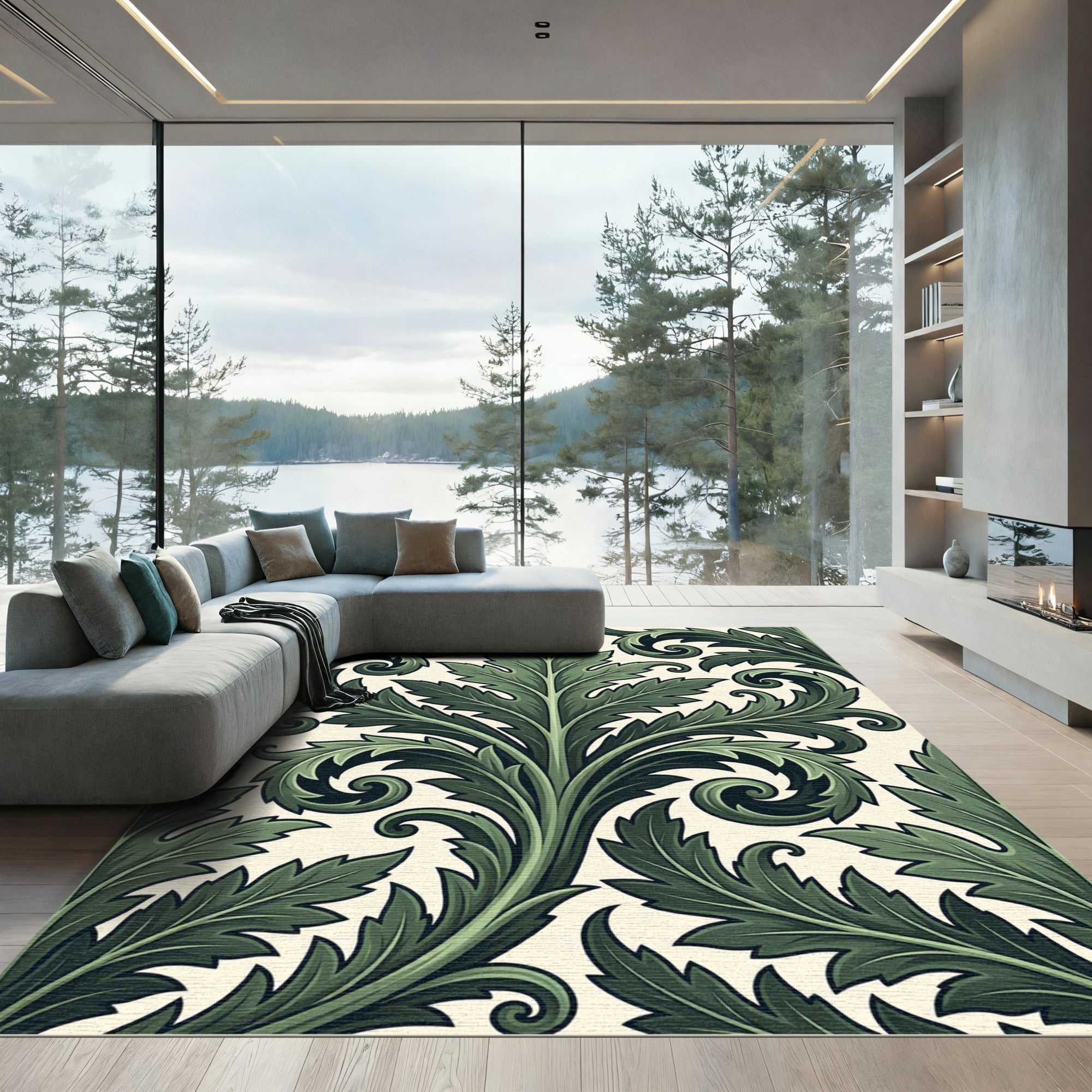Dark Green Acanthus Leaf Scrollwork Rug
