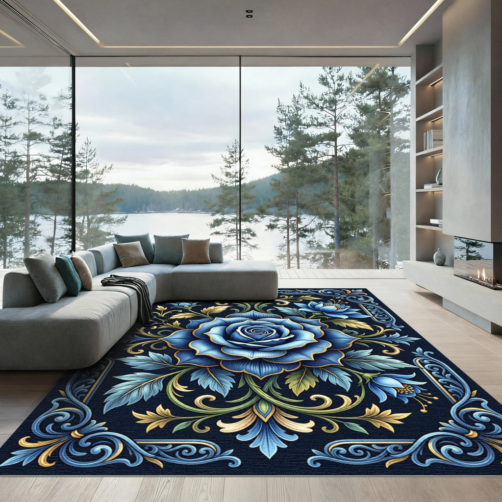 Rich Blue Floral Scrollwork Composition Rug