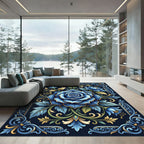 Rich Blue Floral Scrollwork Composition Rug